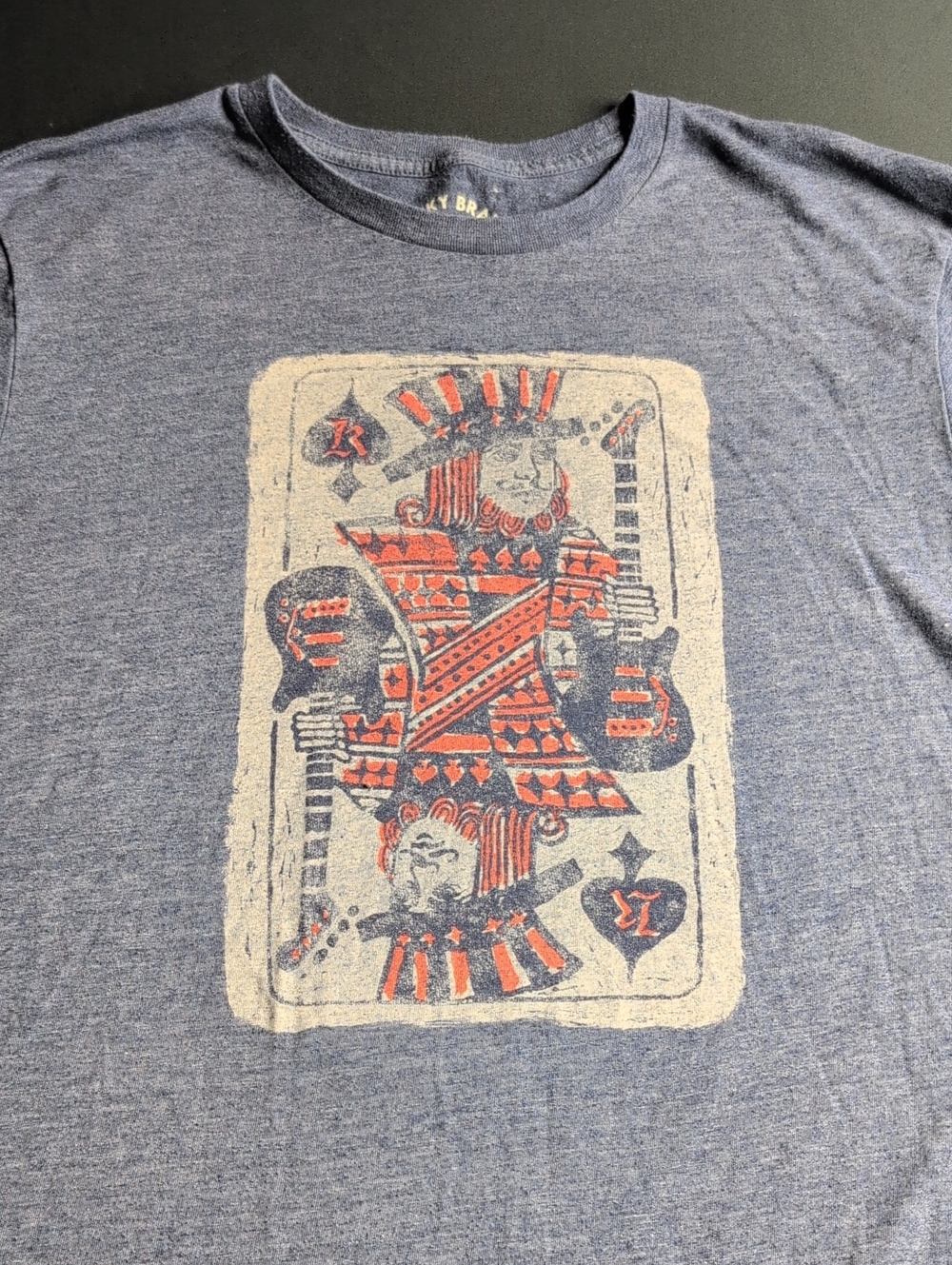 Lucky Brand Heather Navy Tee with Red and Cream King Card Graphic